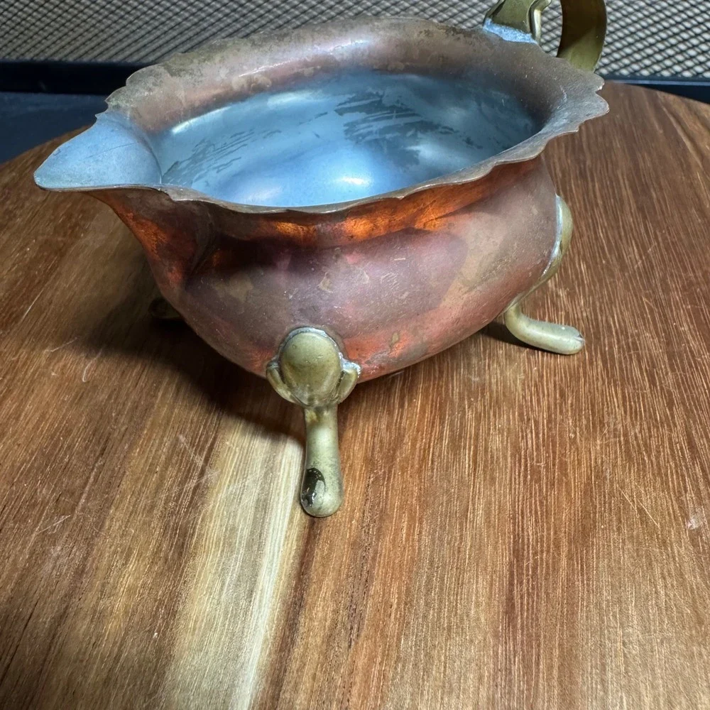 Vintage Copper Creamer Pitcher Scalloped Rim Brass Footed Tripod Base Patina